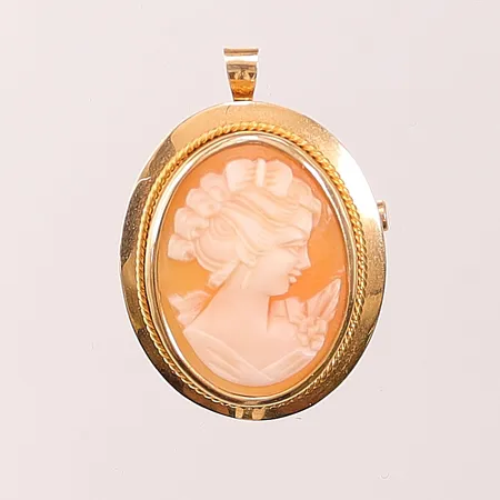Brosch/Hänge, snidad snäckskalscamé, 35x25mm, ram i 18K, gravyr på baksidan, 18K, 5,9g Vikt: 5,9 g