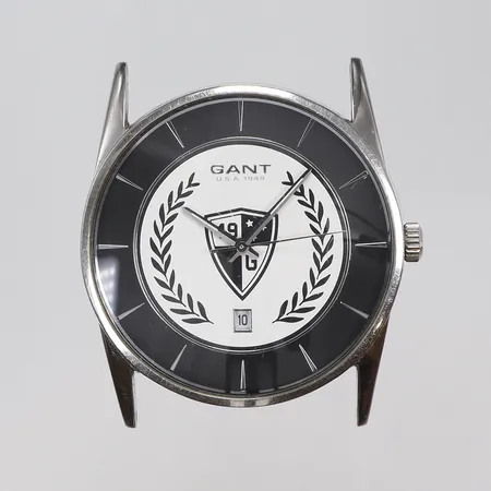 Herrur Gant Ø40mm, ref nr 0120, quartz (går ej, troligen batteribyte), datum, repigt glas, med box, utan länk 