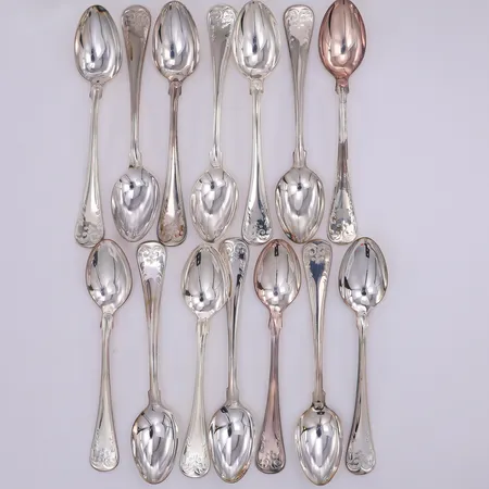 14 Teskedar, modell Gammelfransk, 13cm, Mema år 1977-82, 830/1000 silver Vikt: 253,8 g
