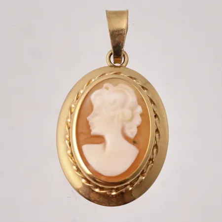 Hänge i 18K guld, mått 14x26mm, 1st Camé, mått 10x14mm, vikt 1,42g.