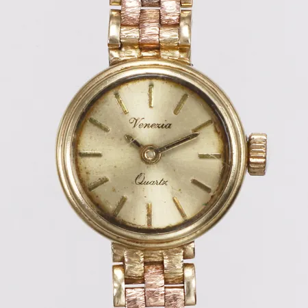Damur, Venezia 14K, quartz, Ø12mm, länk trefärgad med dekor,  ca 18cm, 14K, repig glas, batteribyte krävs Vikt: 19,7 g