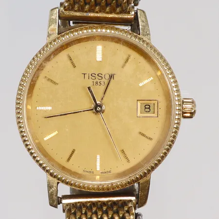 Damur Tissot 18K Ø24mm, quartz, defekt (går ej att ställa tiden), med guldfärgad stållänk, repor och slitage, gravyr, guld i boetten, bruttovikt 30,3g 