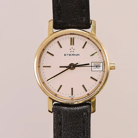 Damur Eterna 18K, 22mm, quartz, gravyr, saknar krona, läderband, går ej