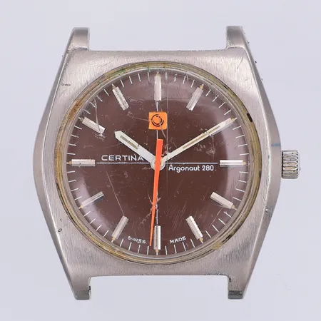 Herrur Certina Argonaut 280, Ø38mm, orange sekundvisare, brun urtavla, manuell, stål, repigt glas, saknar band