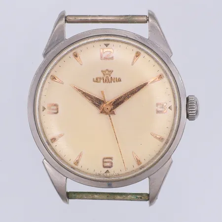 Herrur Lemania, manuell, Ø34mm, stål, repigt glas, saknar band