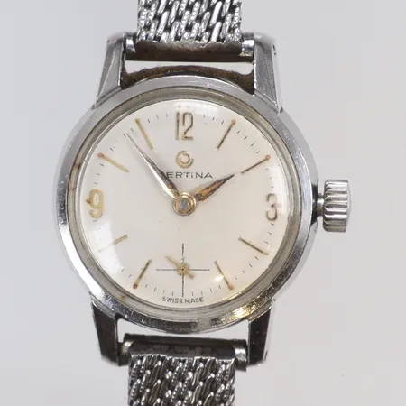 Damur Certina Ø21mm boett nr. 2001.074 / 4038011 manuell uppdragning, stållänk, bruksslitage, ca 1960-tal 