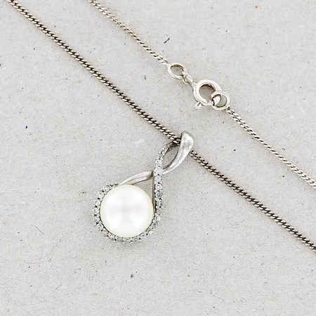 Kedja Pansar, 38cm, bredd 1mm, hänge med pärlimitation, vita stenar, 25mm, bredd 2,5-12, 925/1000 silver  Vikt: 4,1 g