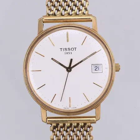 Herrur Tissot, quartz, datum, Ø33mm, står still, repigt glas, 14K, armband, korridorlänk, 17cm, bredd 15mm, 18K. Totalvikt 53,7g.