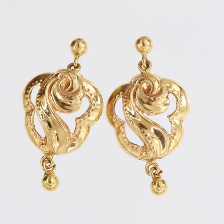 Ett par örhängen, 24x13mm, saknar en snurrebuss, 18K.  Vikt: 2,4 g