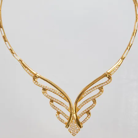 Collier, vita stenar, längd ca 42cm, bredd ca 3,5-24mm, saknar sten, 21K Vikt: 41,3 g