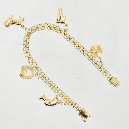Armband X-länk med 5 berlocker, längd 19½ cm, länkens bredd 5 mm, 18K. Vikt: 13 g