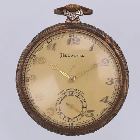Fickur Helvetia, manuell, Ø50mm, liten sekundvisare, innerboett i metall, fungerar ibland, baklocket går ej stänga helt, Bolidensilver, 800/1000 silver, bruttovikt 66,9g Vikt: 66,9 g