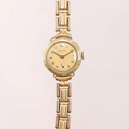 Damur Certina 14K, 21mm, manuell, boettnr: 294219, liten sekundvisare, länk i gulmetall.