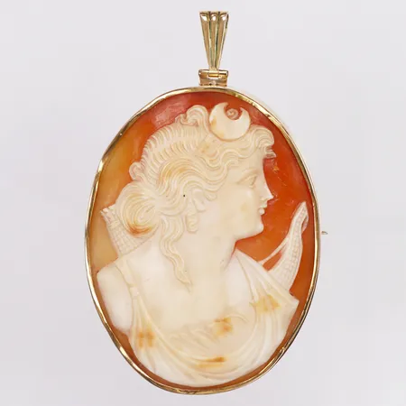 Hänge, brosch, camé, Bekåbe år 1949, ca 75mm, bredd 45mm, bucklig, 18K  Vikt: 24 g