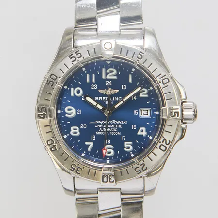 Herrur Breitling Superocean, stål, automatisk, 42mm, ref: A17360, snr: 1132380, Cal. B17, safirglas, datum, heliumventil, Professional II länk, viklås, total längd: 18,9cm, inga tillbehör. Klocka tillverkad vecka 12 2007, länk tillverkad vecka 40 2007.
