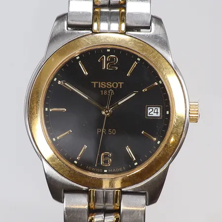 Herrur Tissot PR 50 Ø36mm, boett nr J376/476K RKT-JA snr. 16828, tvåfärgad, stållänk, quartz (går ej, troligen batteribyte), datum 