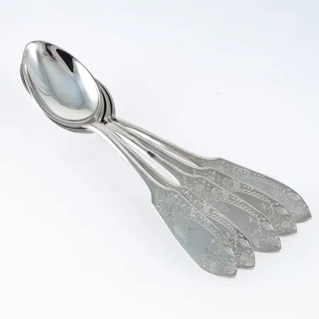 Tornedal i silver (830/1000): fem kaffeskedar (12 cm). De väger 66,1g. Finska kontrollstämplar från 1994. Framstår oanvända.