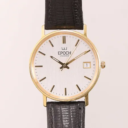 Herrur Epoch 18K, 33,5mm, quartz, gravyr, slitet läderband, batteribyte krävs, etui.