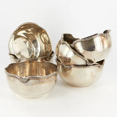 Sex skålar Ø11cm, Höjd: 55mm, egyptiska stämplar, bucklor, silver 900/1000  Vikt: 793,6 g