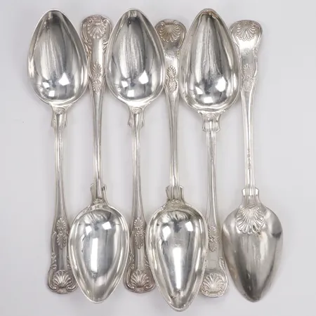 6 matskedar, modell Engelsk snäck, 18m, monogram, 830/1000 silver Vikt: 261,3 g