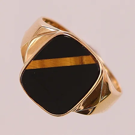 Klackring, onyx med inslag rand av tigeröga, Ø20, bredd:14mm, 18K 3,7g.
