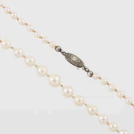 Collier odlade pärlor, längd ca 58 cm, pärlornas diameter ca 3.8-7.1 mm,silverlås. Vikt: 0 g