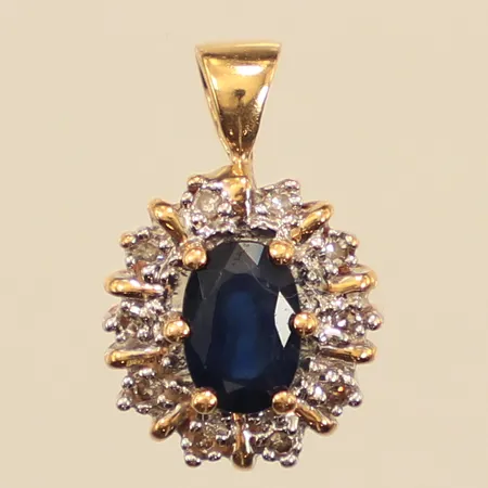 Hänge, blå sten och diamanter 10xca,0065ct, längd 14mm, bredd 9,7mm, GHA, 18K Vikt: 1,8 g