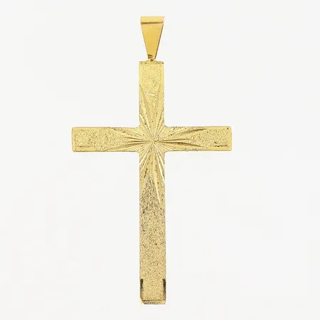 Hänge, kors, mönster, ihålig, 49x27mm, smärre nagg, 14K.  Vikt: 5,2 g