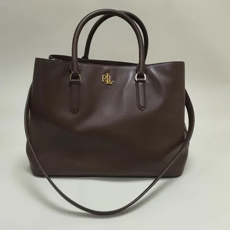 Väska Lauren Ralph Lauren Marcy Satchel Large, brunt läder, mått 36x27x19cm,  beslag i gulmetall, avtagbar axelrem, mindre fläckar invändigt, inga tillbehör.