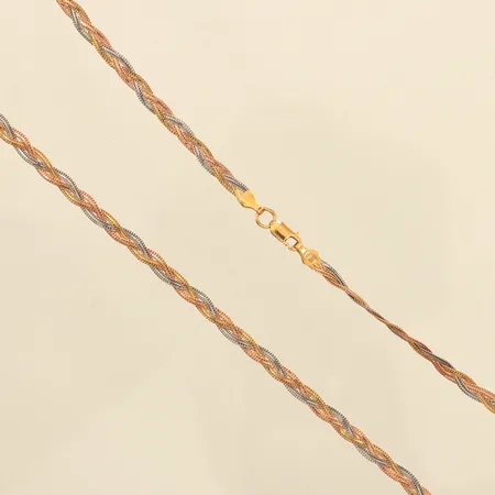 Collier flätat, längd 43cm, bredd 3mm, trefärgad, GHA, 18K  Vikt: 6,3 g