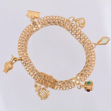 Armband, X-länk, 19cm, bredd 8,5mm, 6 berlocker, Segir år 1962, 18K Vikt: 19,9 g