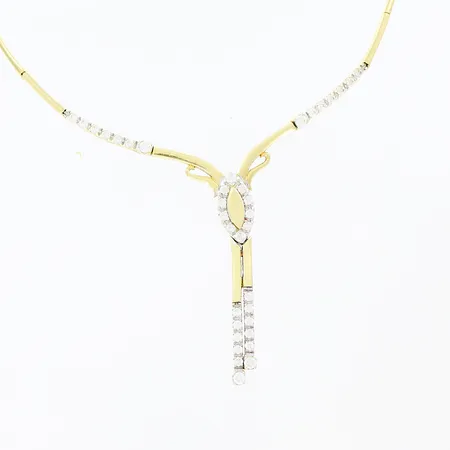 Collier, vita stenar, ca 42,5cm, bredd 1-43mm, halvstel, 14K.  Vikt: 16,7 g