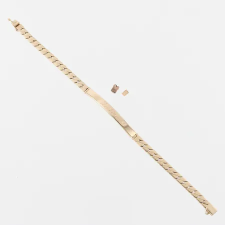 Armband med namngravyr, längd ca 18 cm, bredd 4.7-4.9 mm, 2 små extrabitar medföljer, 14k. Vikt: 0 g