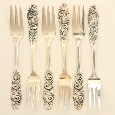 Fem bakelsegafflar, Norskt Mönster, ca 14cm, Mylius Norway, 830/1000 silver Vikt: 108,8 g