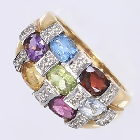 Ring med små diamanter 20x ca 0,005ct samt färgstenar troligen ametist, citrin, topas, peridot och rhodolit , stl 18, bredd 2-11mm, tillv. GHA (Guldfynd), 18K Vikt: 5,3 g