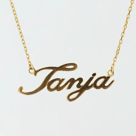 Collier med namnbricka, längd 40cm, bredd 0,9-11mm, 18K.  Vikt: 4,3 g