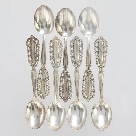 Sju Kaffeskedar, längd ca 10,2cm, 830/1000 silver Vikt: 58 g