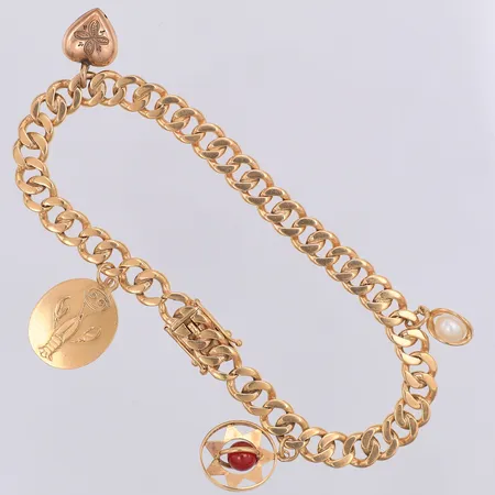 Armband, Pansar, 4 berlocker, hjärtat 14K, 19cm, sliten, 18K Vikt: 22 g