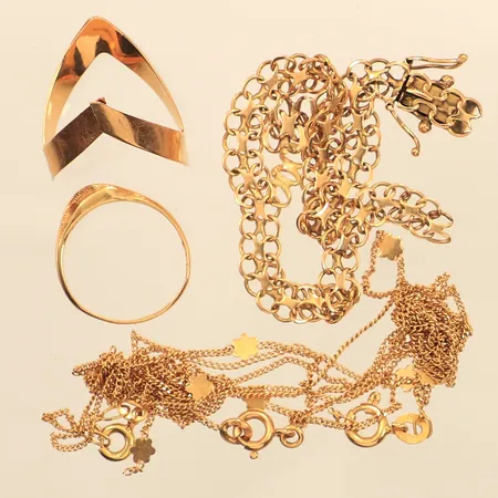 Ringar, armband, kedjor, defekta, av. 18K Vikt: 14,5 g