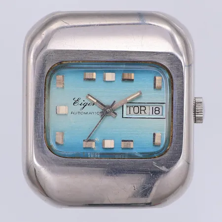 Herrur Eiger, automat, dag/datum, 36mm, saknar band, repigt glas