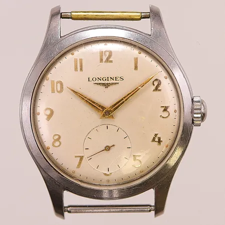 Herrur Longines, 34mm, stål, boettnr:6263 12 840, verknr:10239641, Cal.12.68Z, graverad bakboett, repigt plexiglas.