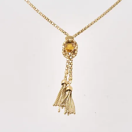 Collier i 18K guld, 50cm, Popcorn, bredd 2,3mm, 1st gul sten, mått 6x8mm, längd på hänge 6,5cm, bruttovikt 14,85g, ca nettovikt 14g.