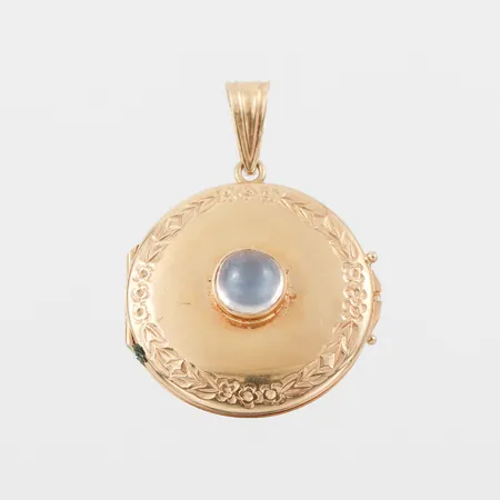 Fotomedaljong med sten, diameter 22.6 mm, 18k. Vikt: 5,5 g