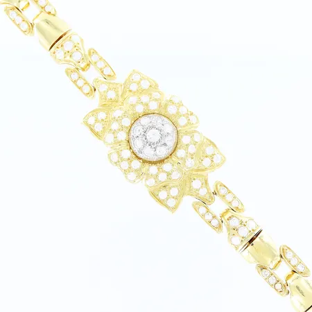 Armband, vita stenar, 18,5cm, bredd 11-25mm, vit/gulguld, 1 vit sten saknas, skevt lås, 18K.  Vikt: 36,1 g
