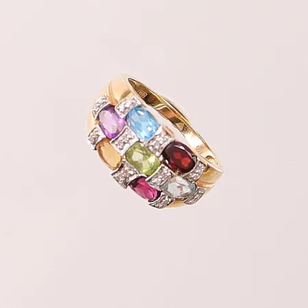 Ring, diamanter 20 x ca0,005ct, ametist, citrin, granat, topas, rhodolit, Ø19, bredd: 2,2-11,7mm, Guldfynd, 18K, 5,3g.