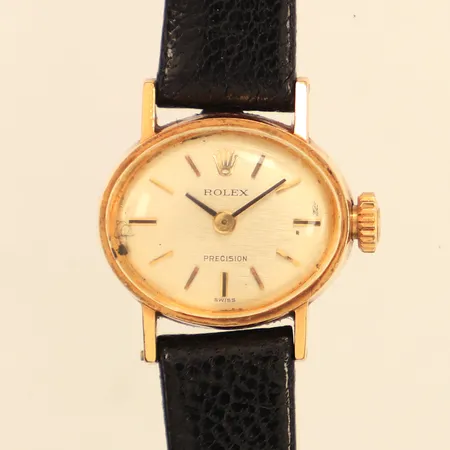 Damur Rolex Precision 18K, manuell, 15,4x18,6mm, boettnr 2635J / 2520062, Cal 1400, läderband, utbytt krona, skadad urtavla, repig, inga tillbehör, bruttovikt: 12,7g 
