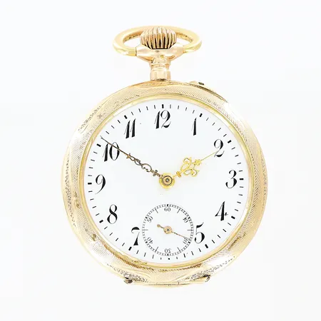 Fickur, 14K i ytterboett, Ø32mm, innerboett i metall, löst glas, 14K. Bruttovikt: 27,0gram. 
