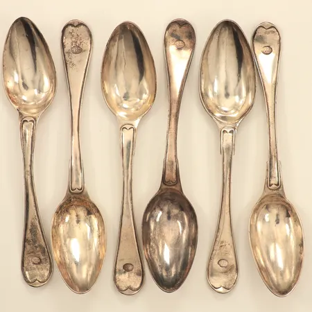 Sex skedar, modell Svensk Rund, ca 17cm, år 1807, silver Vikt: 203,6 g