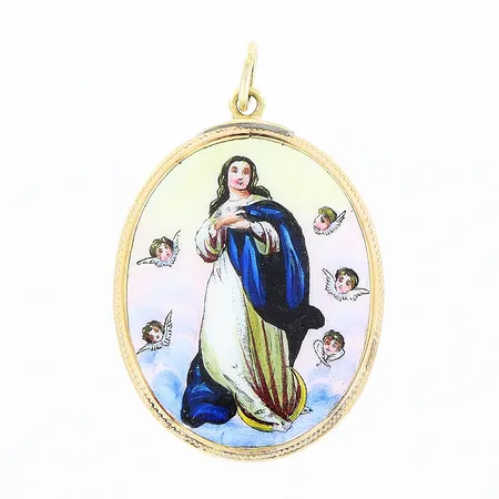 Hänge med porslinsplatta, 26x41mm, ram i 14K, brv: 7,7gram Vikt: 7,7 g
