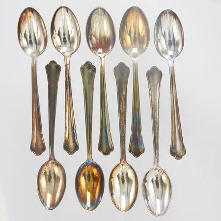 Nio kaffeskedar, Chippendale, längd ca 12cm, 830/1000 silver Vikt: 112,9 g